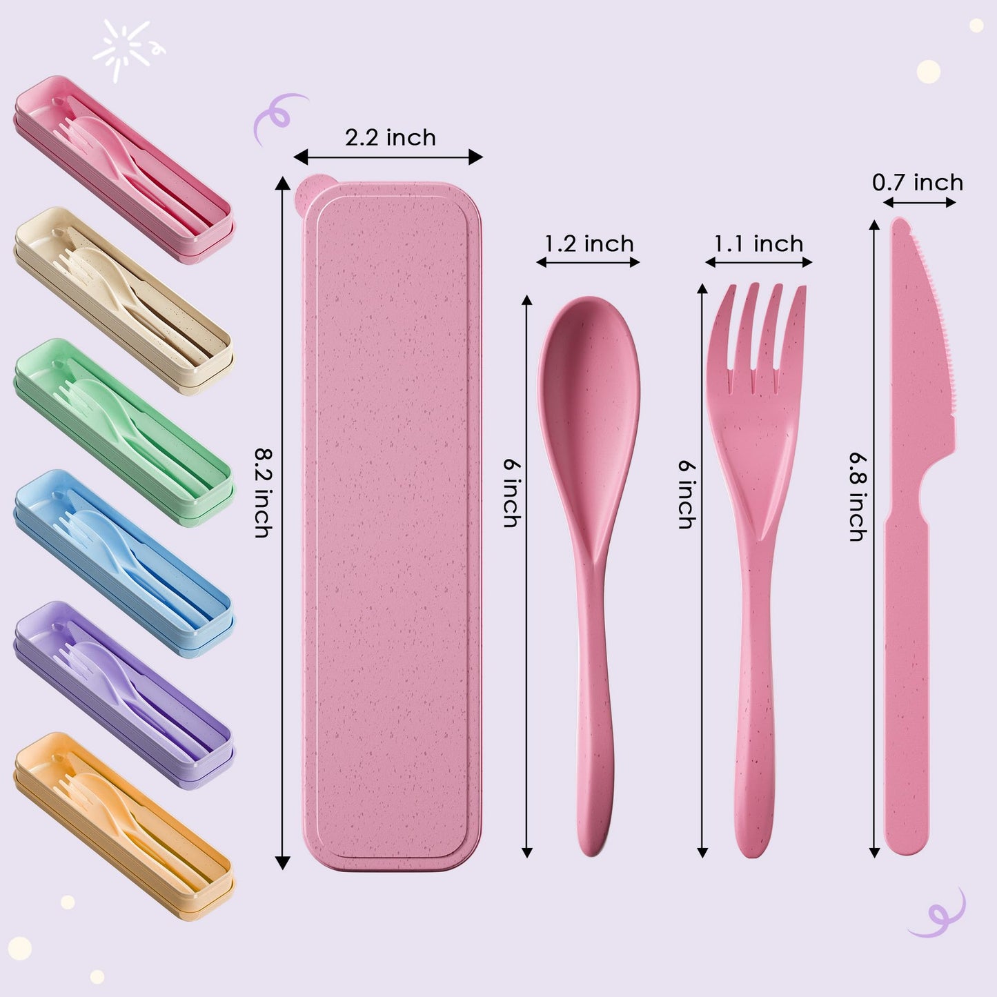 Quatish Reusable Travel Utensils Set with Case, 6 Sets Wheat Straw Camping Utensil Sets, Portable
