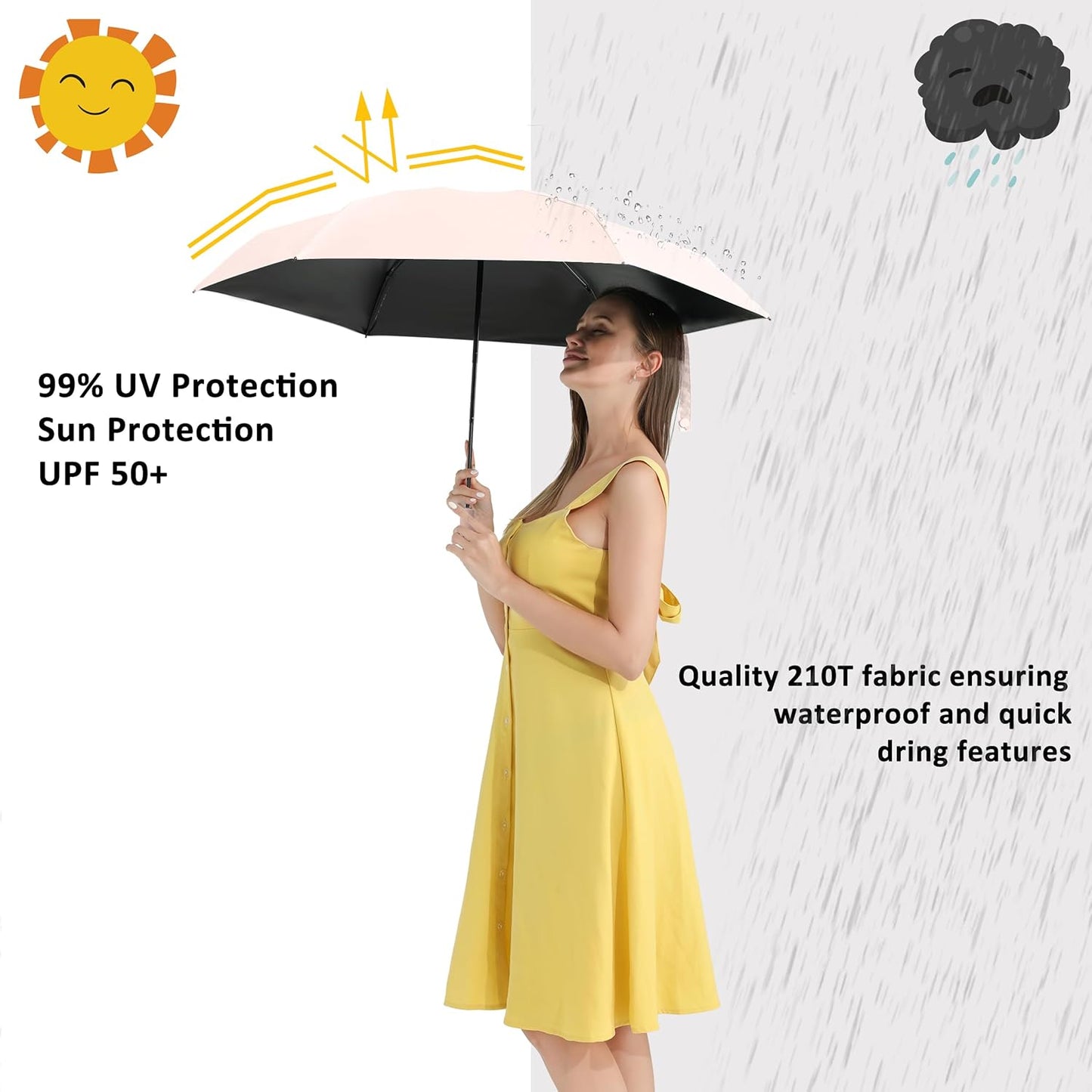 BAODINI Small UV Protection Travel Umbrella Compact for Rain and Sun UPF 50+ Windproof Portable 42