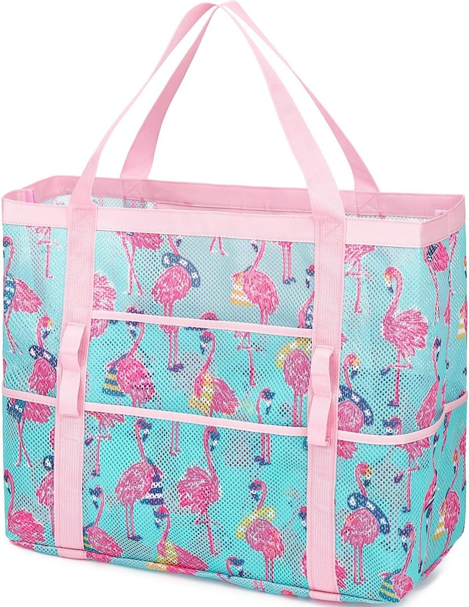 Mesh Beach Bag, Large Beach Tote with Zipper Pocket for Family Pool Bag for Toys & Vacation