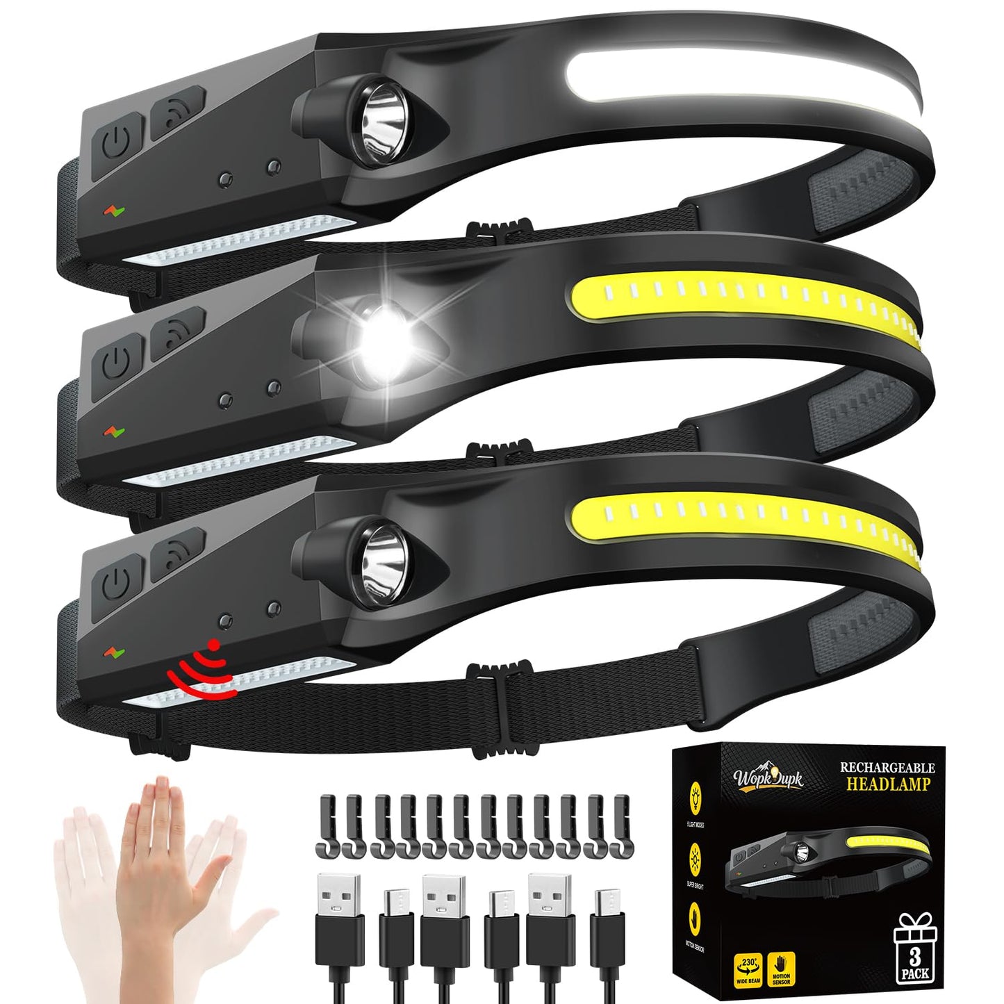 Rechargeable Headlamp 3PCS, 230° LED Head Lamp, Head Lights for Forehead
