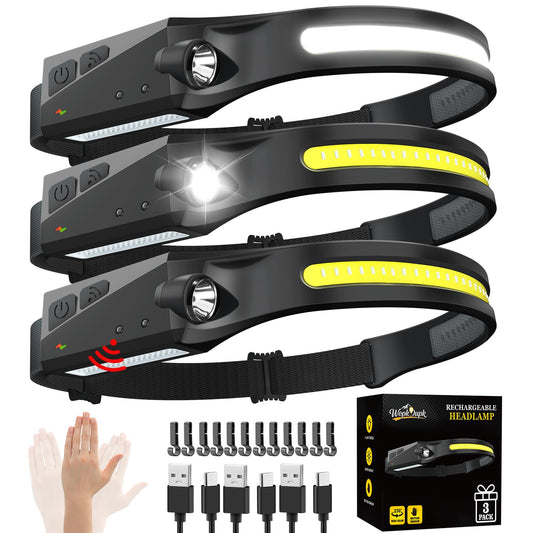 Rechargeable Headlamp 3PCS, 230° LED Head Lamp, Head Lights for Forehead