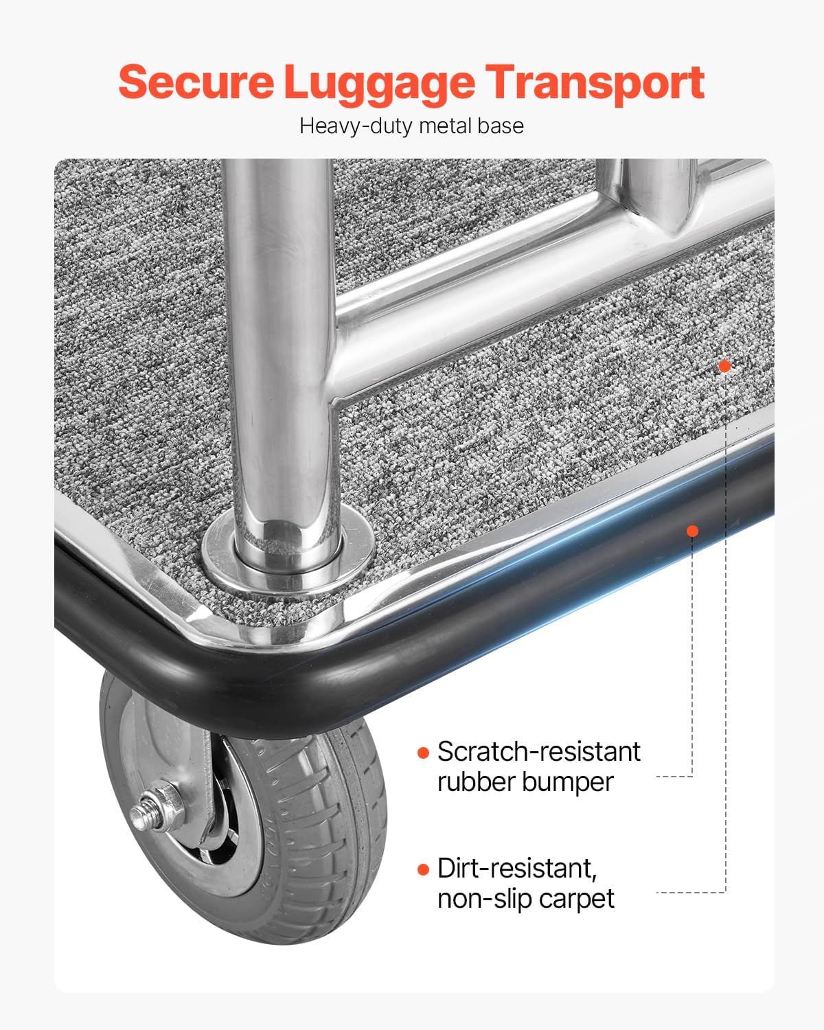 VEVOR Hotel Luggage Cart, 750 LBS Load Capacity, Deluxe Platform Truck with Removable Front Frame, Valet Cart with Grey Carpeted Deck and 6-inch Rubber Wheels, Ideal for Hotels, Condos, Resorts