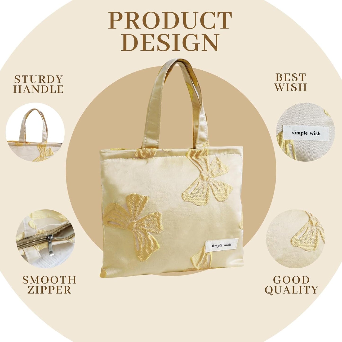 Wudygirl Makeup Bag Travel Cosmetic Bag for Women Small Makeup Pouch with Handle Zipper Cosmetic Pouch Handbag Aesthetic (Yellow Bow)