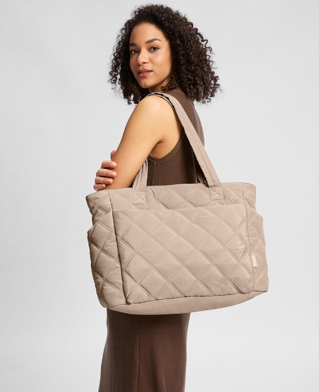 Tote Bag for Women, Lightweight Puffer Tote Work Bags with Compartments for Travel, Quilted Shoulder Bag with Zipper