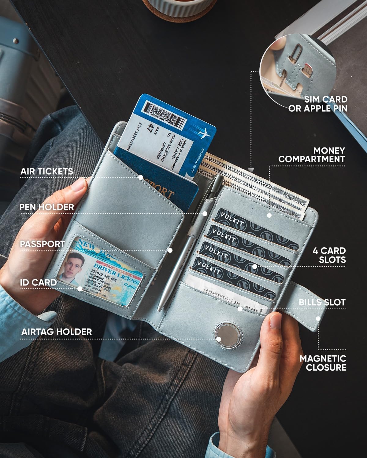 Real Leather Wallet Airtag Compatible RFID Bifold Travel Card Holder Black (Blue)