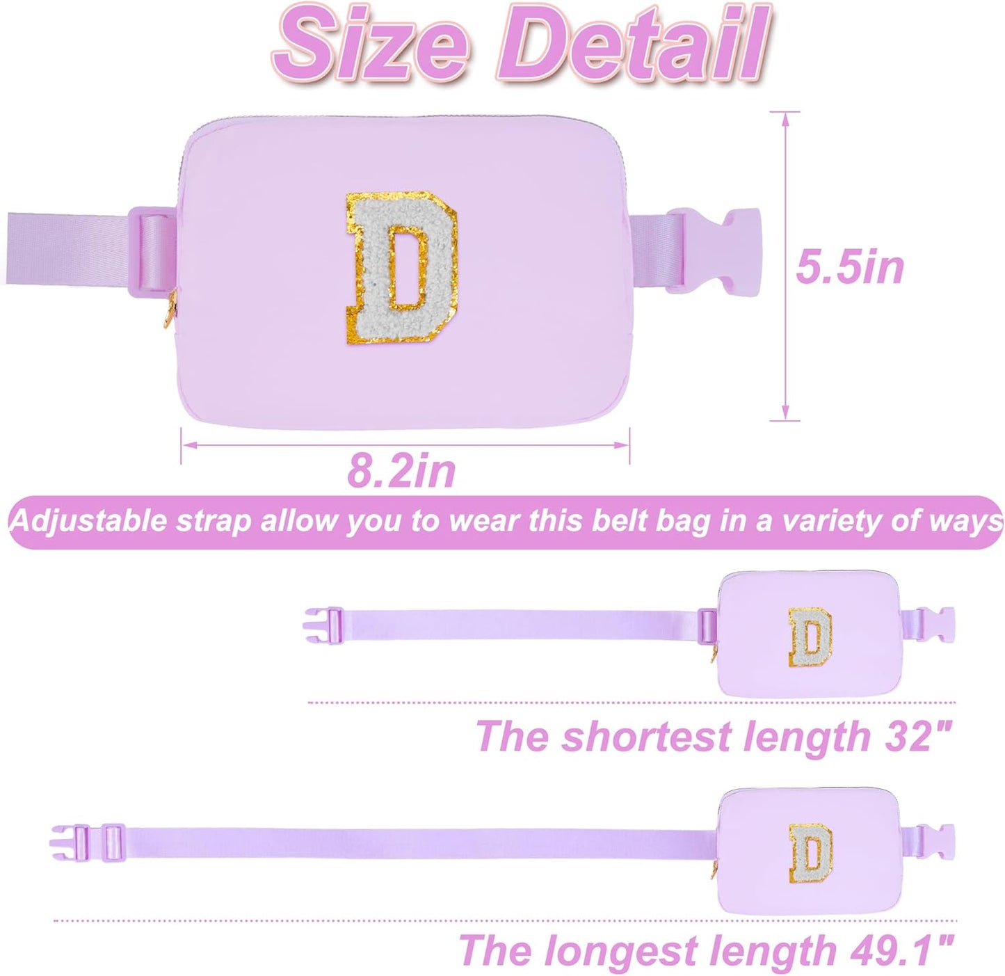 Belt Bag Fanny Pack Crossbody Bags with Initials Cute Stuff Birthday Gifts for Teenager Girls Trendy Stuff - White D,Lavender Bag