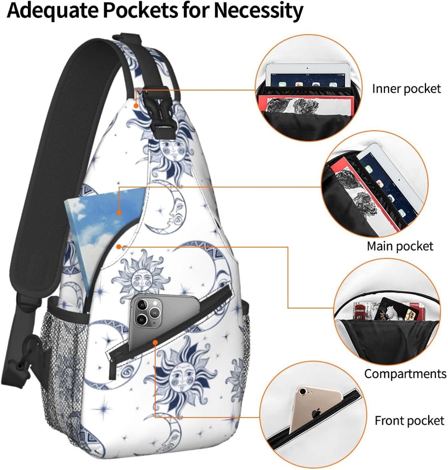 bassyil Sun Moon Sling Bag Crossbody Travel Hiking Chest Backpack Shoulder Daypack for Women Men