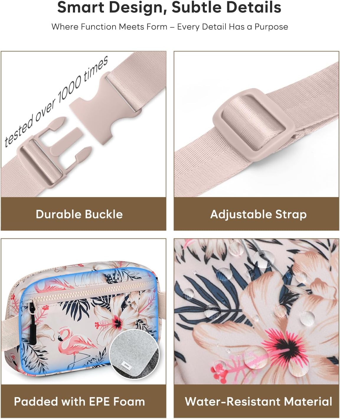 Fanny Packs for Women Cross Body Bag Waterproof Belt Bag with Adjustable Strap and Zipper Back Pocket Small Crossbody Bags Fashion Waist Packs for Workout Travelling(Flamingo Print)