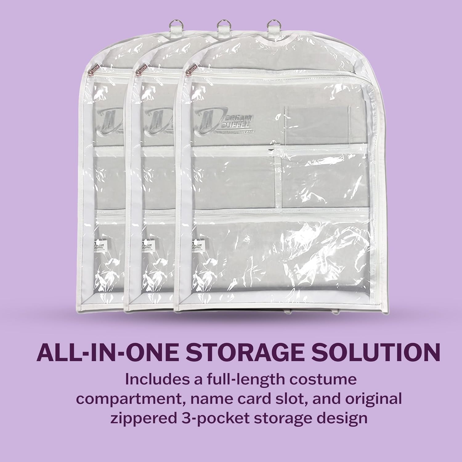 Clear Garment Bags for Dance Costumes 3-Pack, Regular-Size, Side Zipper Entry, Storage Pockets for