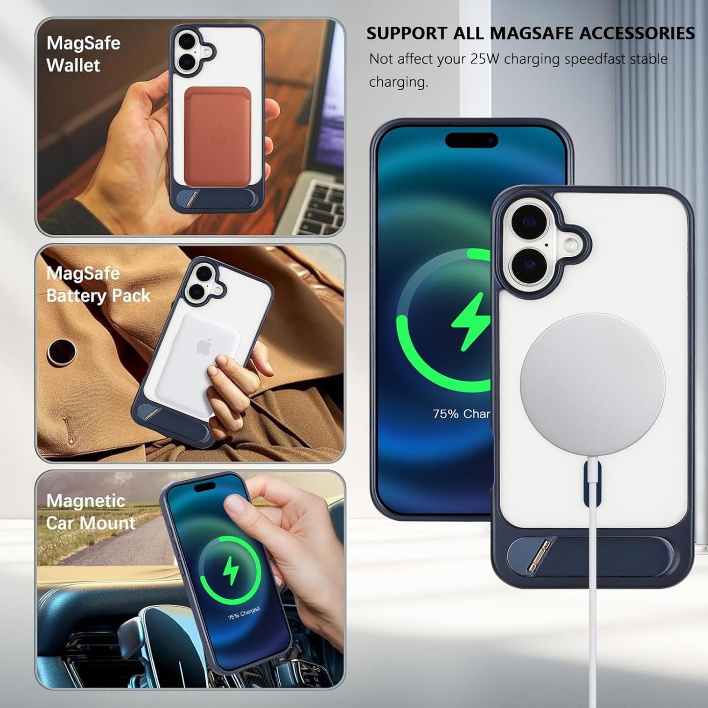 Tikoo Strong Magnetic for iPhone 16 Plus Case with Magsafe and Built-in Invisible Kickstand Slim Translucent Matte Military Grade Protective Phone Case for iPhone 16 Plus 6.7”