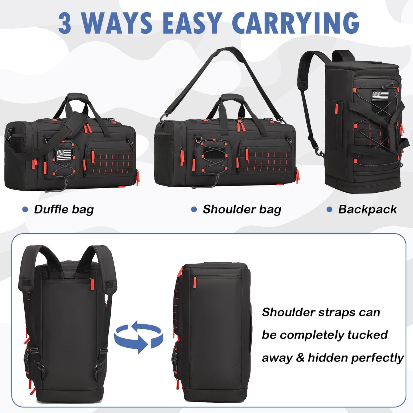 Gym Bag for Men and Women, 50L Extra Large Duffle Bag, 3-in-1 Travel Sports Duffel Bags with Shoe & Laptop Compartment for Overnight Weekender Gym Traveling Workout Deployment, Black+Red
