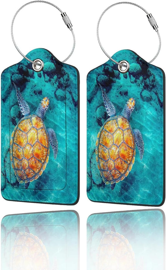 2 Pack Luggage Tags for Suitcase, Privacy Cover ID Label with Stainless Steel and Address Card for Travel Bag Backpack Cruise Ship Essentials Tag Women Girls - Sea Turtle
