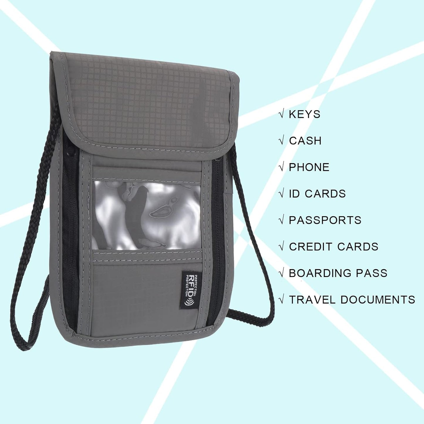 PATIKIL Neck Wallet, Passport Holder RFID Waterproof Travel Wallet Neck Pouch with Adjustable Strap for Women & Men, Gray