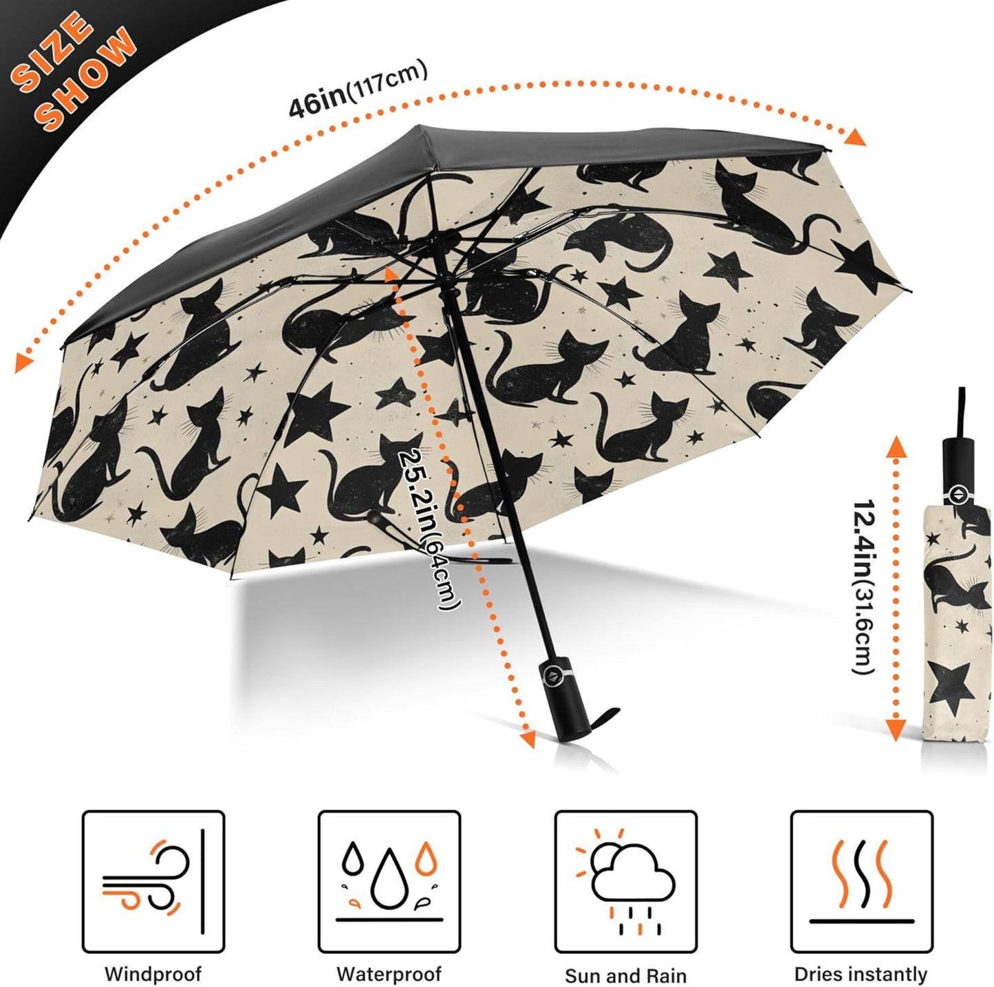 Automatic Folding Umbrella Windproof Strong, UV Protection Compact Black Gothic Moon Spider Webs and Bats Sun Rain Sun Rain Travel Umbrellas for Women Men