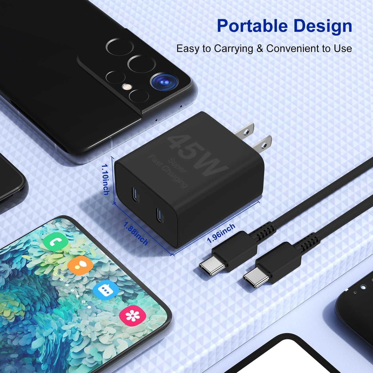 6ft/10ft Dual Port 45W iPhone 17 16 15 Charger Fast Charging Block and Long USB C to Type C Charger Cable Cord for Apple iPhone 17 Pro Max/17 Air/16 Pro/16/15 Pro/15 Plus/Mini/iPad Plug Cube/Samsung