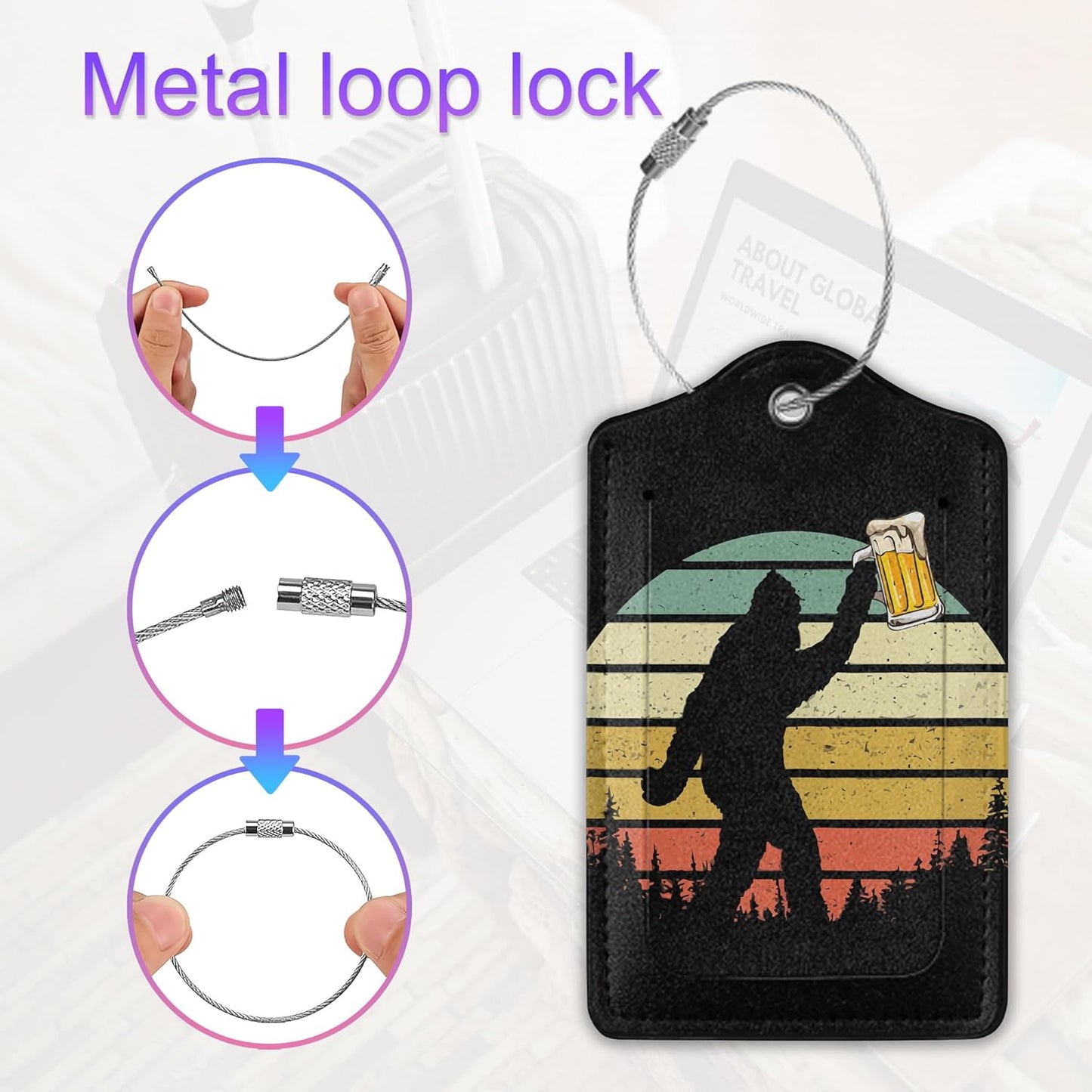 Luggage Tag for Suitcase,Black Sasquatch Unique Travel Tags with Privacy Cover ID Label & Stainless Steel Loop for Men Women Baggage