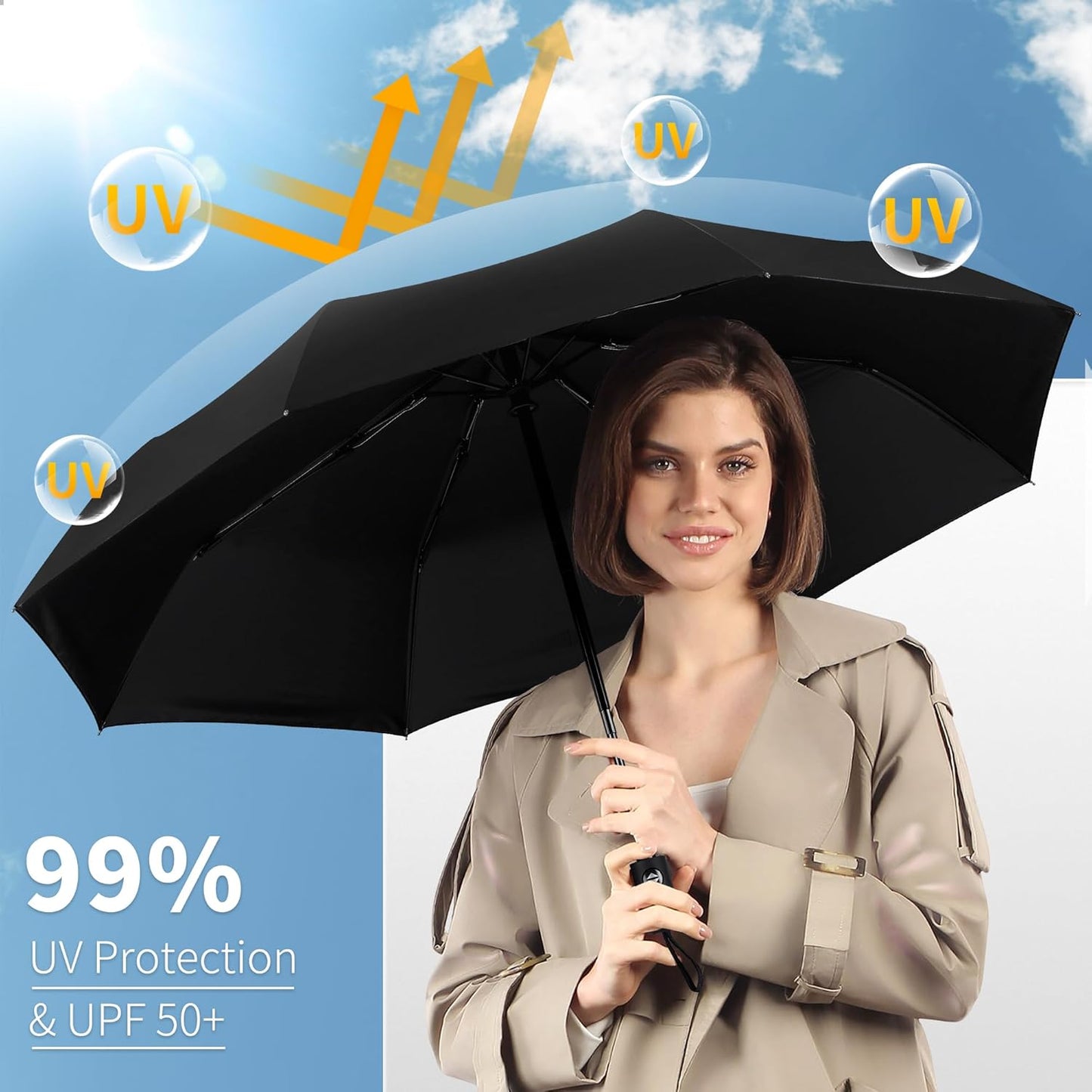 Seniny Windproof Travel Umbrella, Automatic Umbrellas for Rain, Portable & Compact Umbrellas for Backpack, Strong UV for Protection, Folding Small Sun Umbrella for Car, Walking