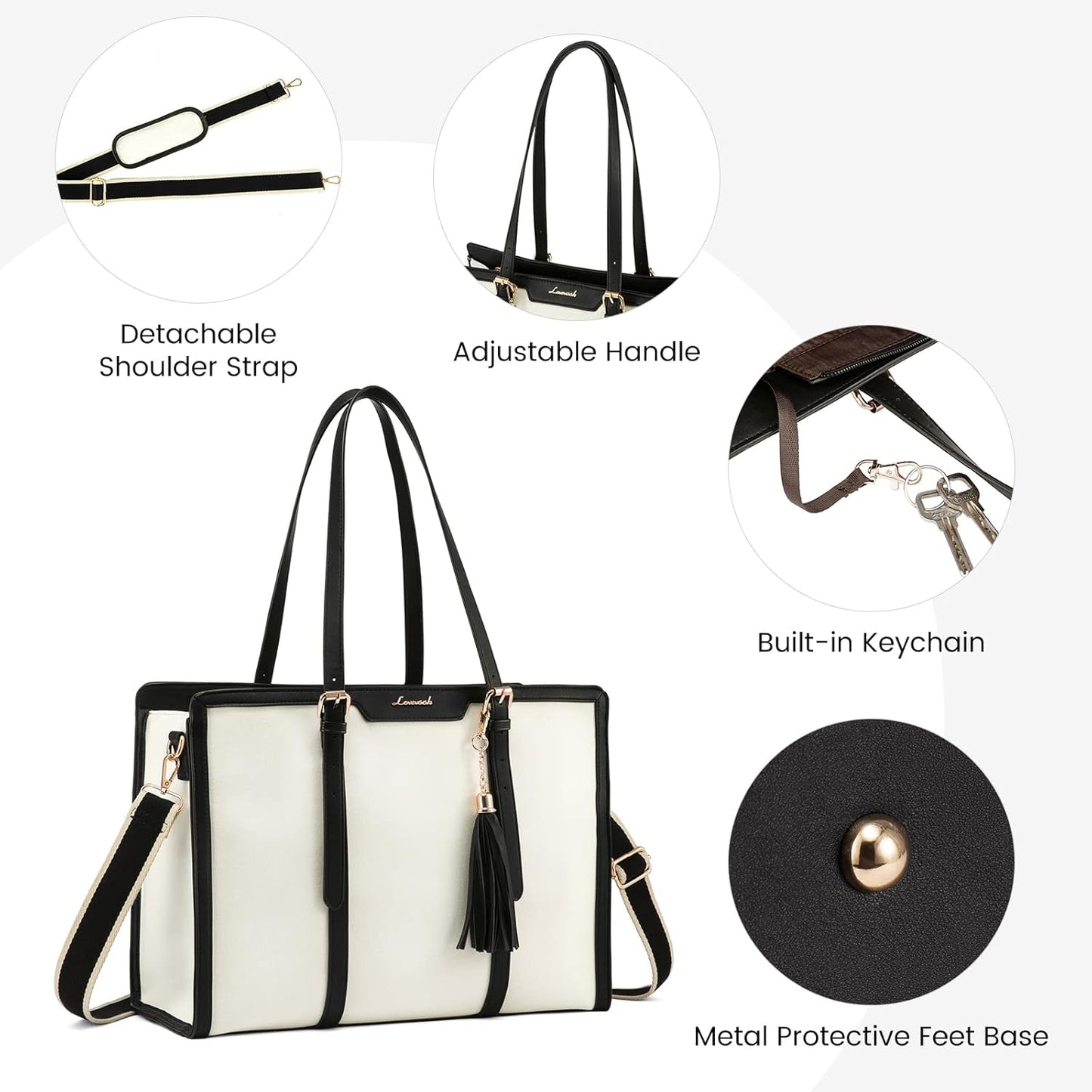 LOVEVOOK Laptop Bag for Women - 17 inch Lightweight Canvas Laptop Tote, Large Capacity Computer Bag with Clutch Purse for Business, Work, Travel, School (Beige & Black, 17 Inch)