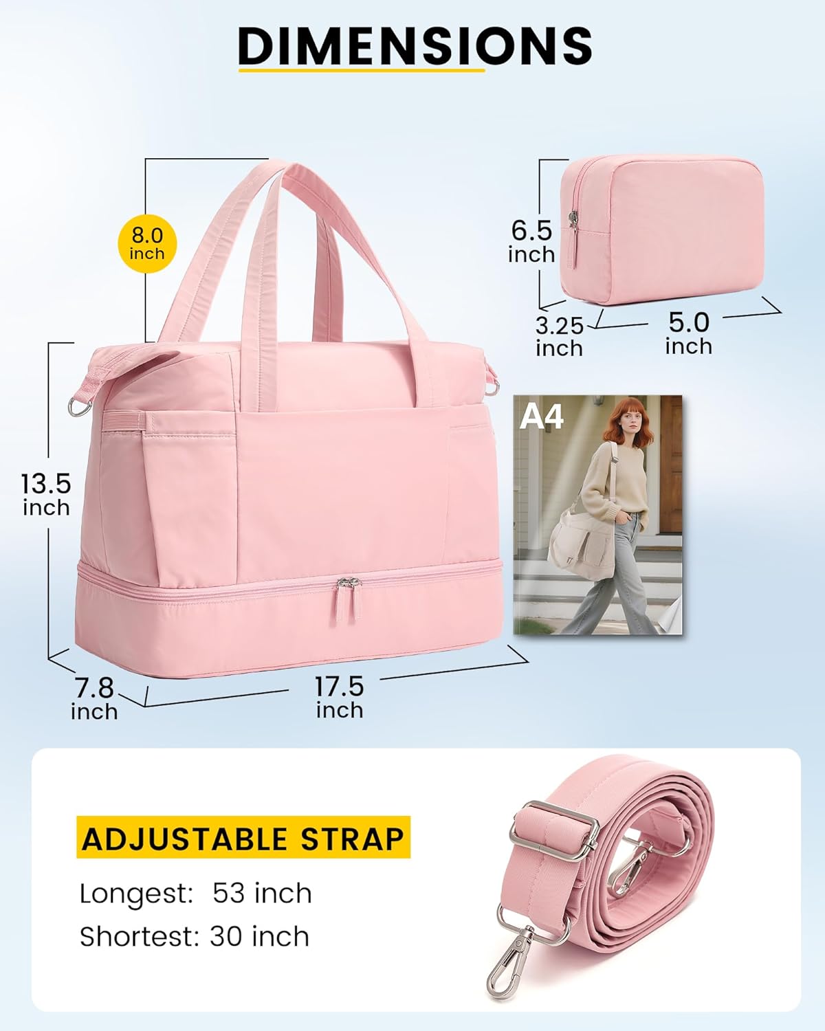 Vorspack Duffle Bag for Travel - 30L Gym Bag for Women Men Personal Item Travel Bag with Shoe Pocket Toiletry Bag Lightweight Carry On Bag for Weekender Overnight Sports - Pink