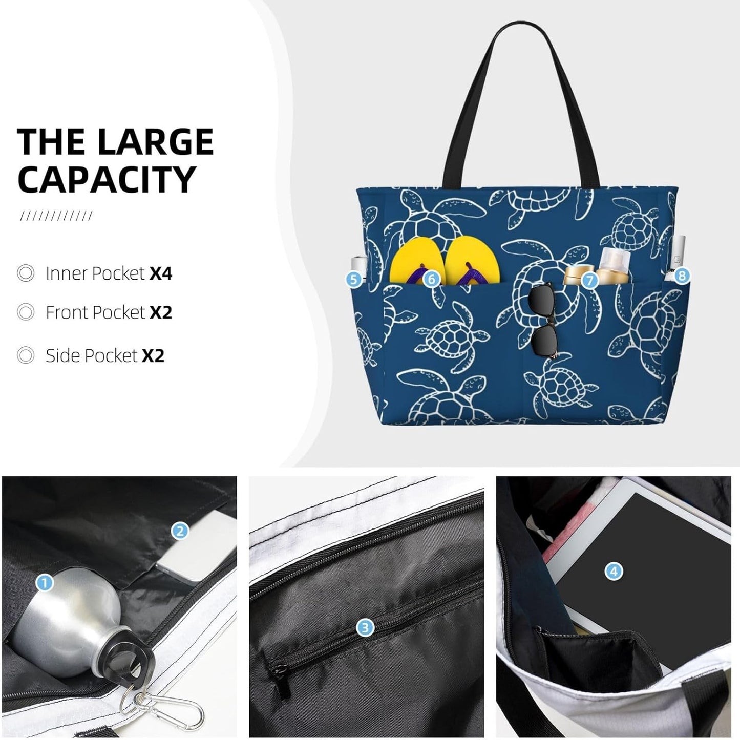 Large Travel Beach Tote Bag with Zipper Pockets Portable Lightweight Gym Bag Picnic Outdoor