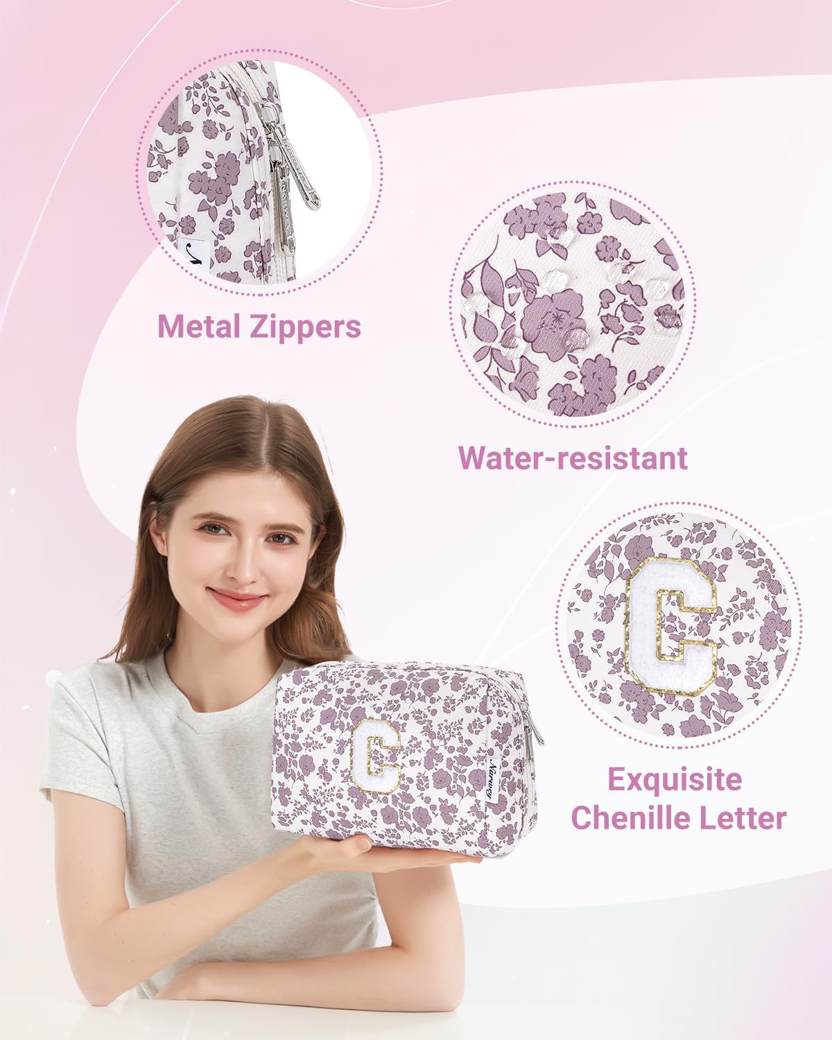 Narwey Birthday Gifts for Teen Girls Kids Women Personalized Initial Floral Makeup Bag Cute Cosmetic Trendy Stuff 6 8 10 11 12 13 14 16 18 Years Old Travel Toiletry Bag (Little Dusty Pink Flower C)