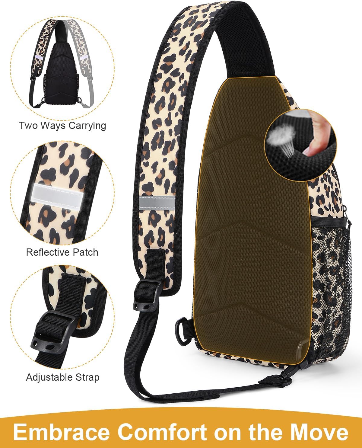 Large Leopard Waterproof Sling Bag Backpack with Adjustable Shoulder Strap for Women Men, Hiking Daypack with Multi-Pocket System and Comfortable Mesh Back Panel