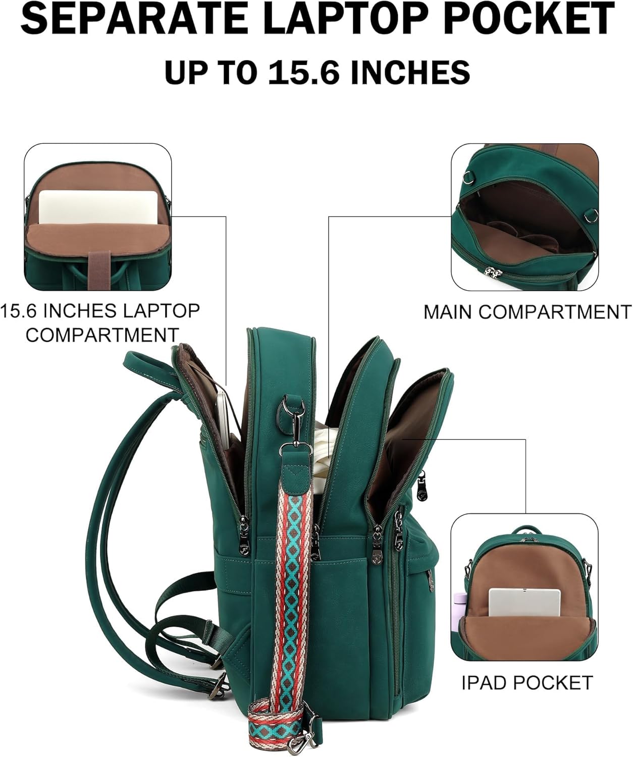 FADEON 15.6 inch Laptop Backpack Purse for Women Designer PU Leather Computer Backpacks Fashion for Work Travel Green