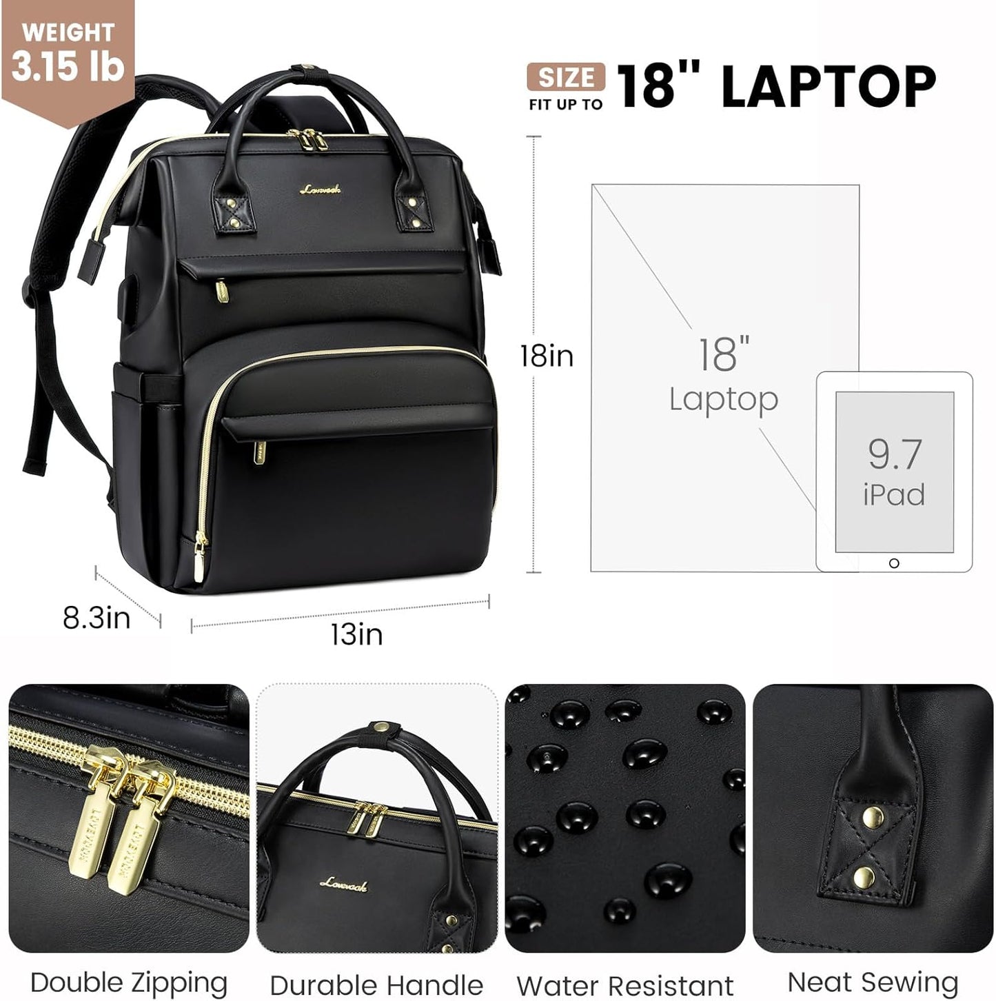 LOVEVOOK Leather Laptop Backpack for Women 18 inch,Travel Backpack Purse Nurse Teacher Backpack Computer Laptop Bag,Professional College Business Work Bags Carry On Backpack with USB Port,Black