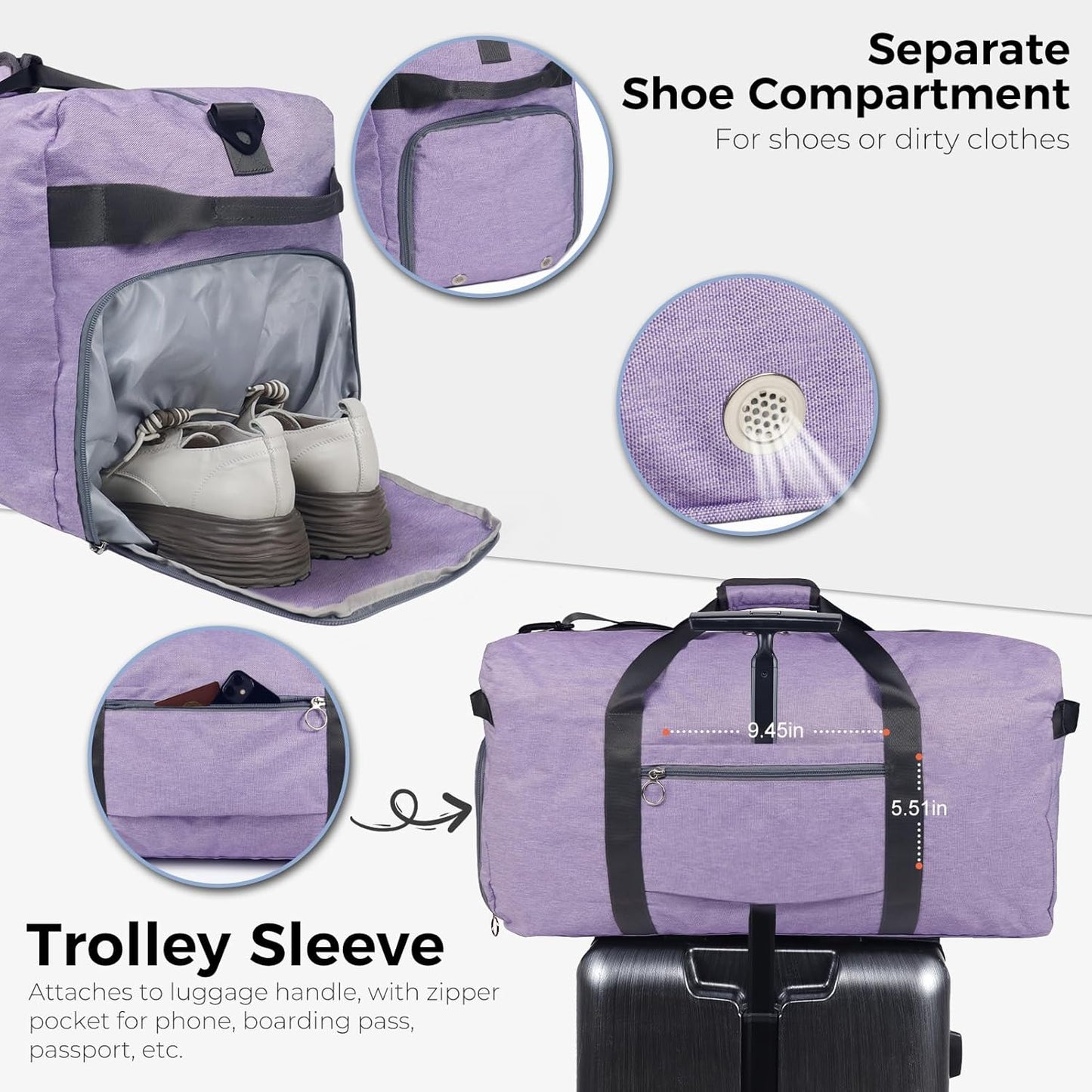 Fmeida 65L Duffle Bag with Shoes Compartment, Foldable Travel Duffel Bags for Men Women, Large Packable Travel Bag Water Repellent & Tear Resistant (Purple)