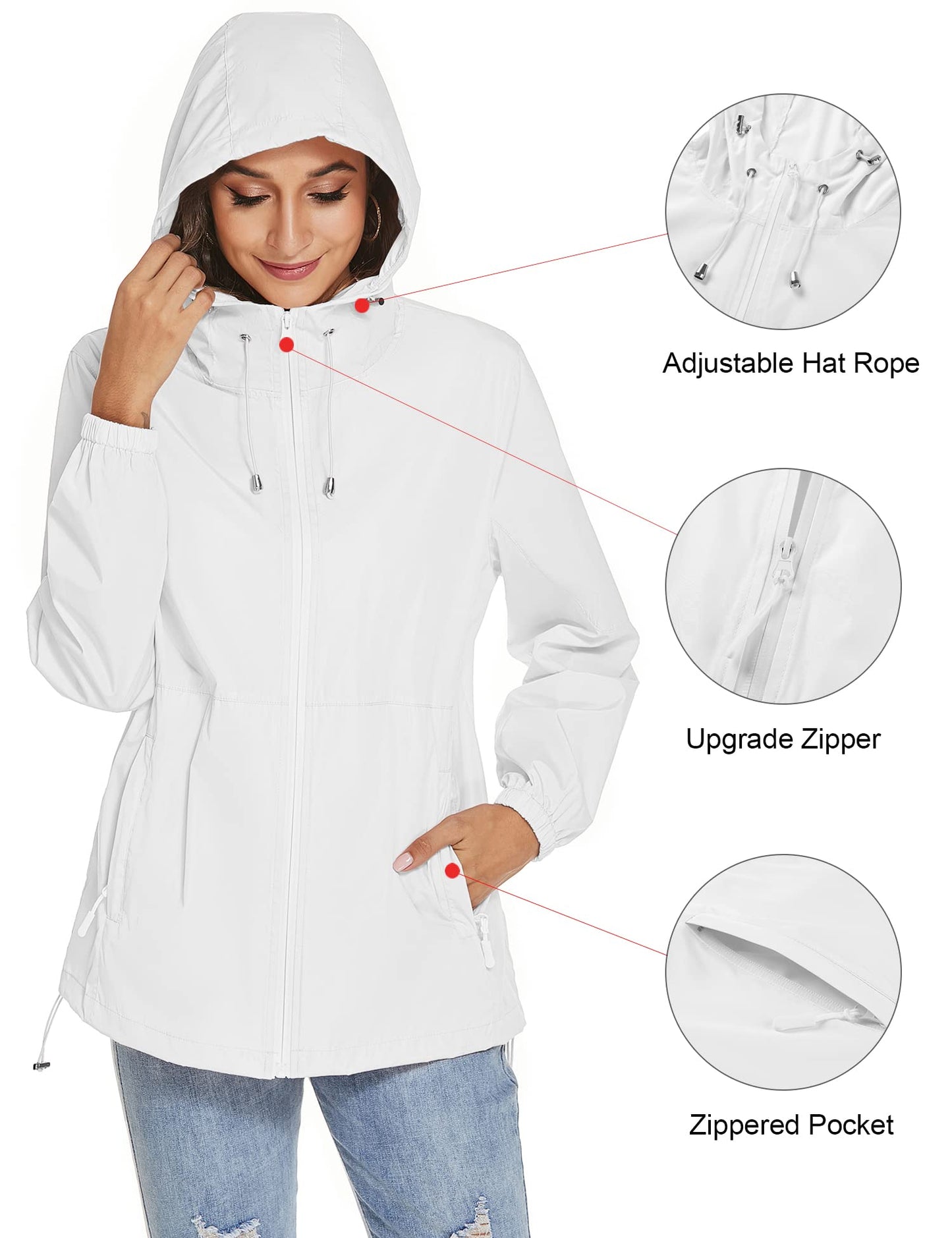 TCOT Women's Waterproof Zipper Rain Jacket Lightweight Outdoor Raincoat for Travel Packable Compact