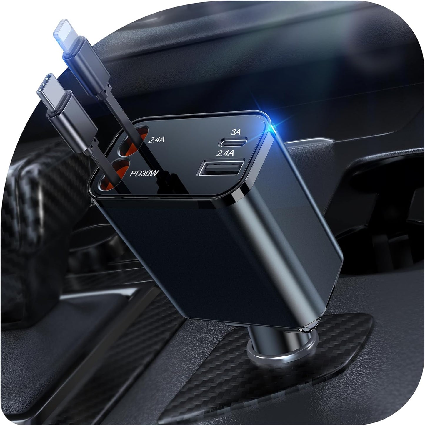 69W Retractable Car Charger, 4-in-1 Fast Car Phone Charger with 2.6ft Two Retractable Cables and USB C+USB A Car Charging Block Cube, Compatible with iPhone 15 16 17 Pro Max Plus,Galaxy,Pixel(Black)