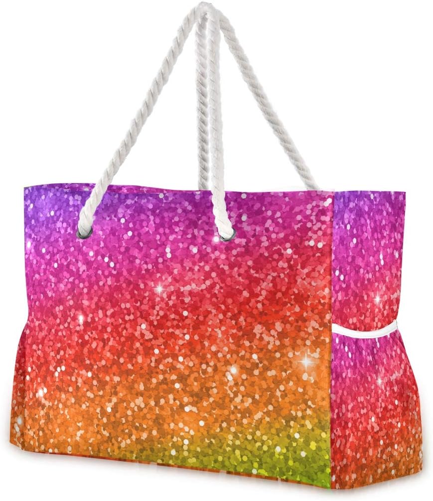 ALAZA Multicolor Glitter Rainbow Gradient Shoulder Tote Bags for Gym Travel Beach, Inner Pockets