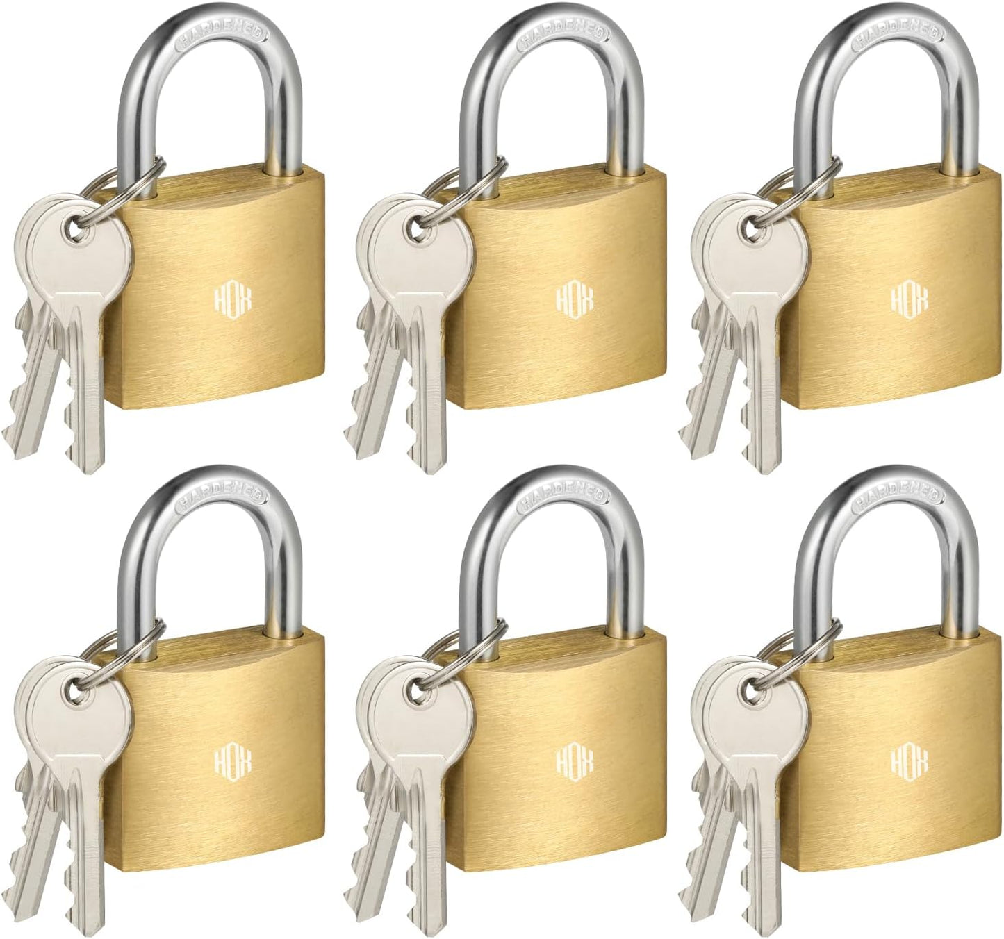 HOX 6-Pack Keyed Padlock, Waterproof and Rustproof, Solid Brass Lock with 1-1/4" Wide Body, Padlock with Keys for Storage Unit, Sheds, Garages and Fence