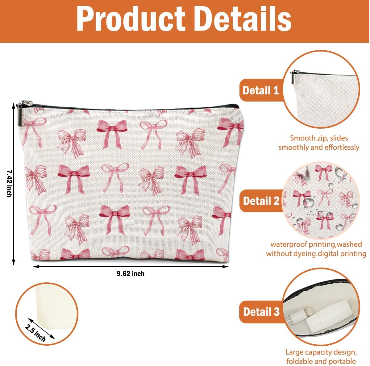 2PCS Pink Bow Makeup Bag, Coquette Preppy Bow Cosmetic Bags Gifts for Women Girls Pink Trendy Toiletry Bag Best Birthday Christmas Gifts for Girls Women Sister Travel Cosmetic Bag