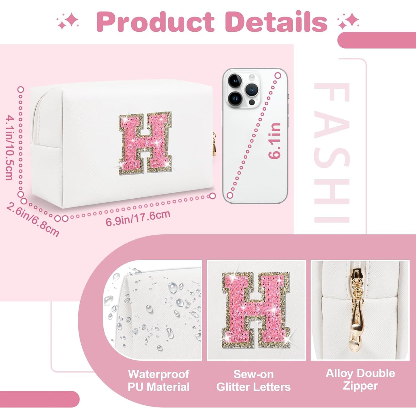 Small Initial Patch Makeup Bag Personalized Gifts Make Up Bag,White Cute PU Leather Glitter Letter Cosmetic Bag with Zipper,Trendy Portable Travel Toiletry Pouch,Preppy Stuff for Teen Girls Women H