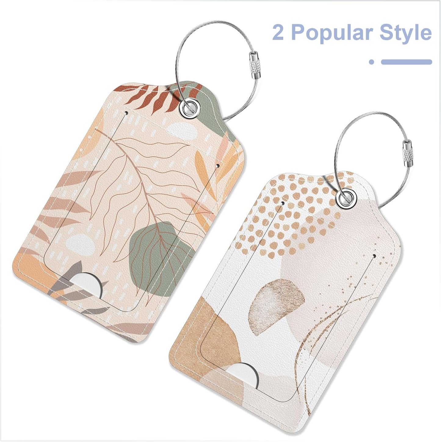 2 Pack PU Leather Luggage Tags for Suitcase, Travel Cruise Luggage Tag with Privacy Flap, Name ID Label and Metal Loop for Women Men Baggage Handbag School Bag Backpack, Modern Abstract Leaves