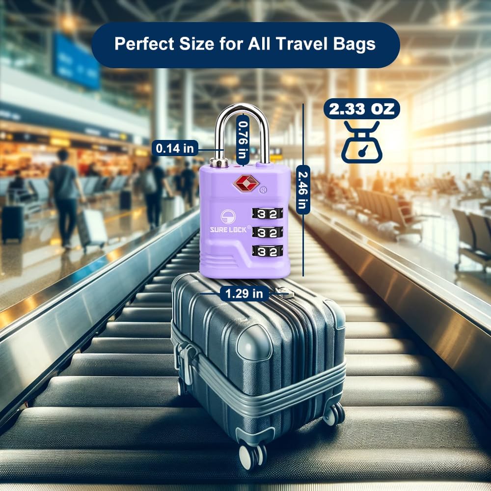 SURE LOCK TSA Locks for Luggage, TSA Approved Luggage Locks with Open Alert, 008 Key for High Security, Easy Read Dials, Zinc Alloy Body, Locker Lock for Suitcase, Gym, Travel. (Purple 2 pk)