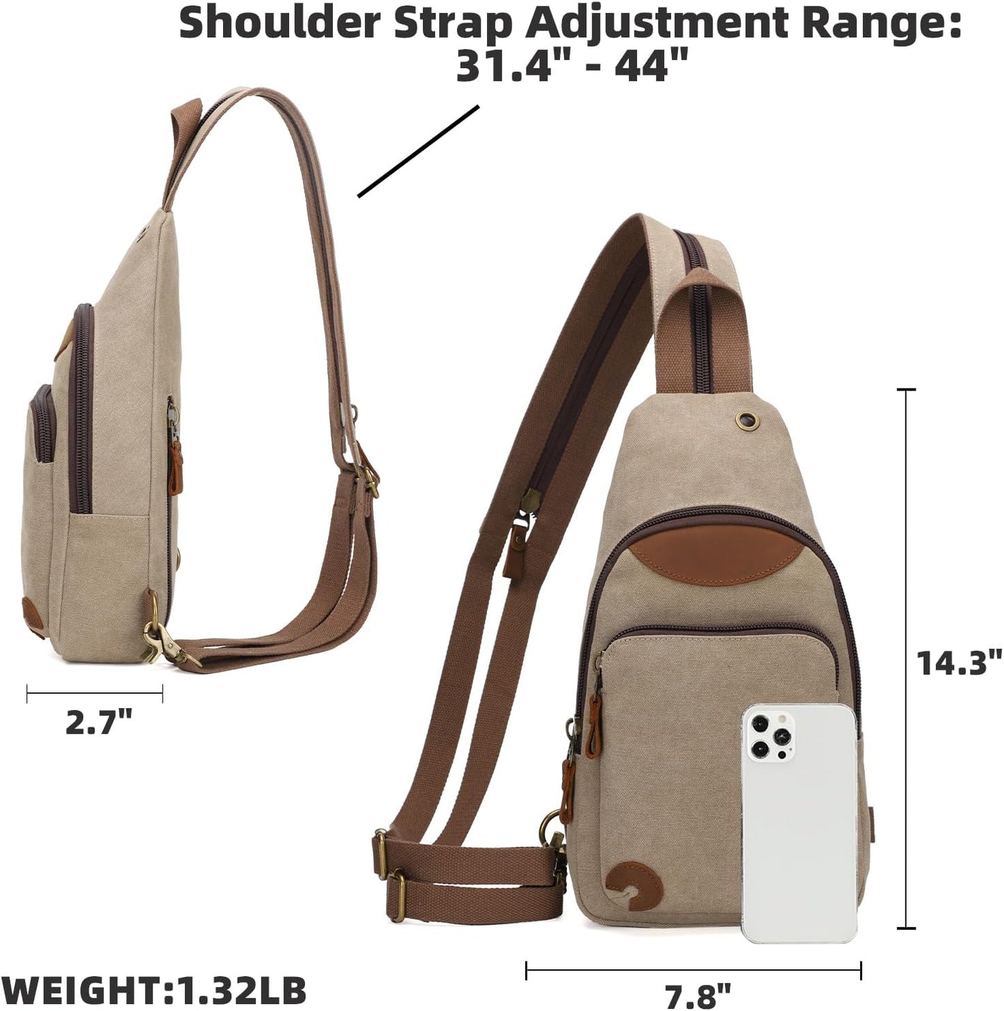 KL928 Canvas Sling Bag Crossbody Backpack Shoulder Casual Rucksack for Men Women,Khaki