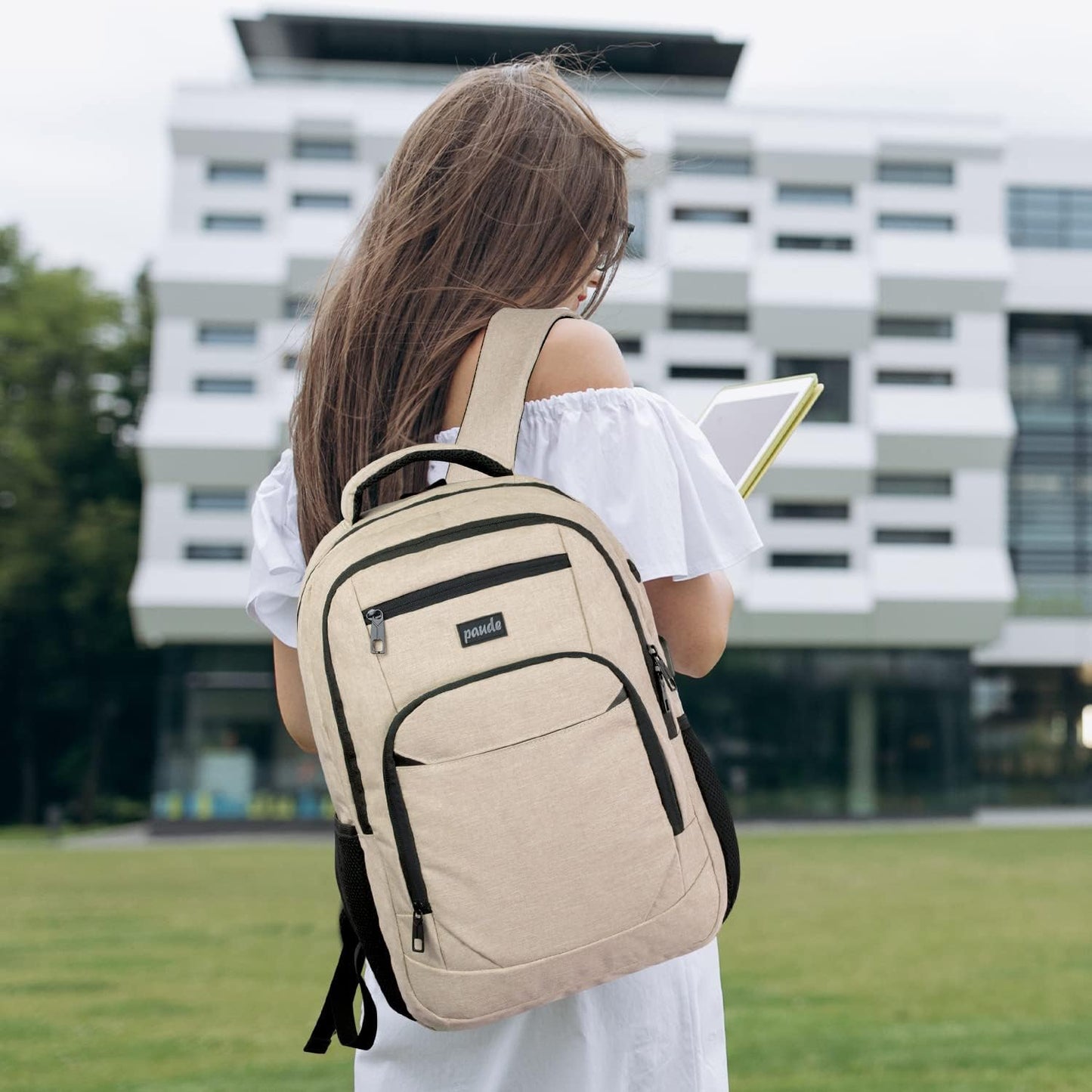 Paude Backpack for School, Laptop, Teens 17.3 Inch College Backpack for University, Business, Work, Travel - Beige