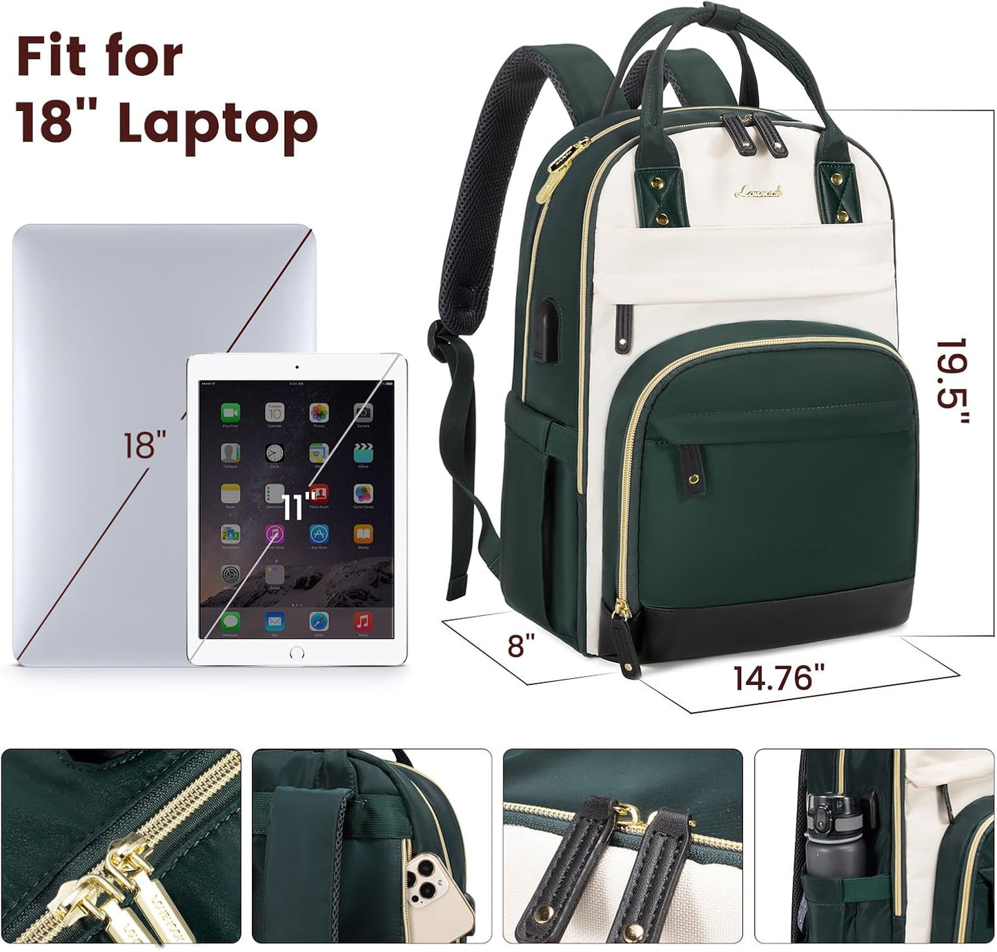 LOVEVOOK Backpack for Women,Laptop Backpack Women,Fits 18 Inch Laptop Bag,School Backpacks,Fashion Travel Work Anti-theft Bag,Waterproof Business Computer College Backpack Purse,Beige-Green-Black