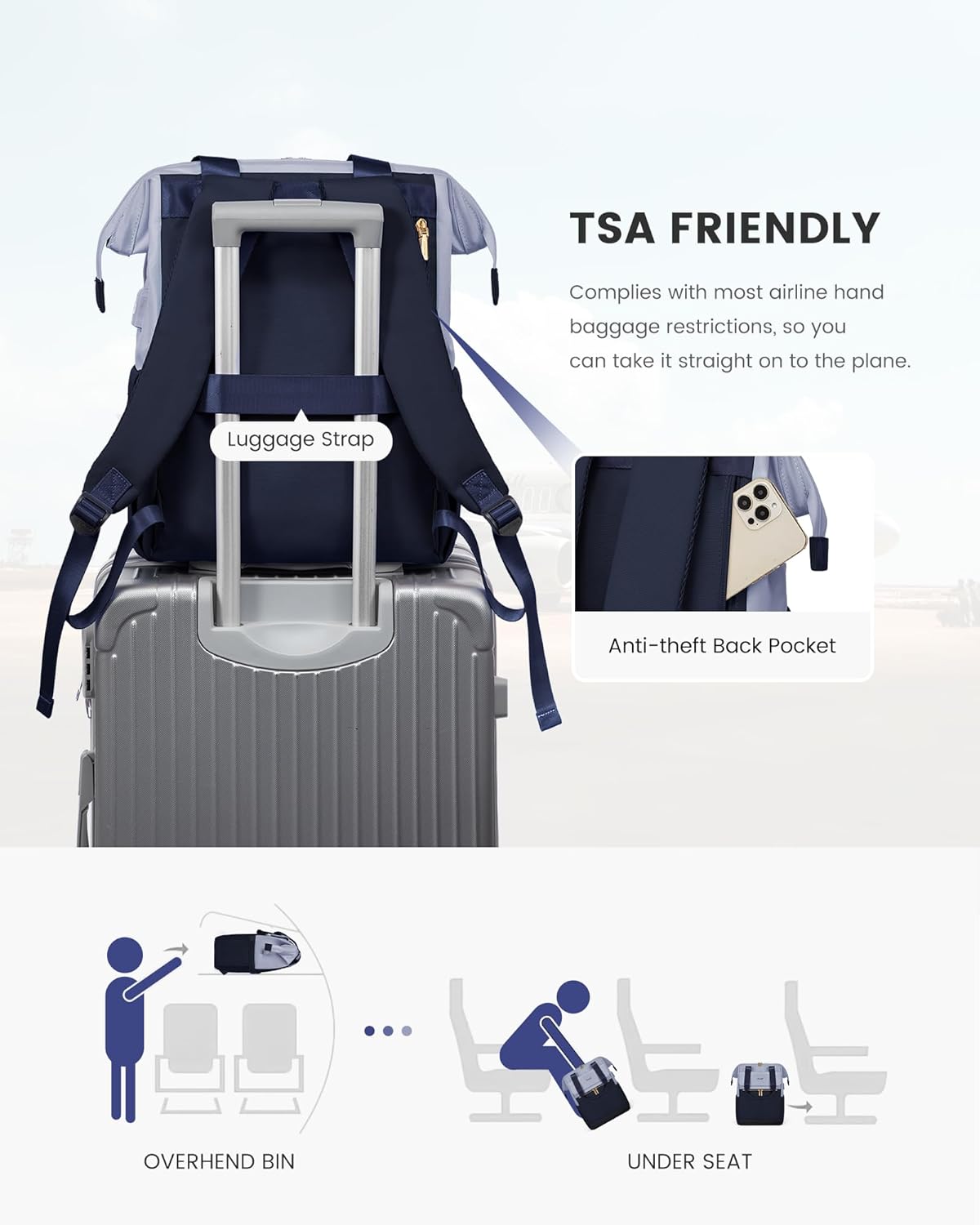 LOVEVOOK Laptop Backpack for Women, 15.6 Inch Work Laptop Bag with USB Port, Fashion Teacher Nurse Backpack Purse, Waterproof Travel Computer Backpack with Organizer Bag, 2PCS, Grey Blue-Ink Blue