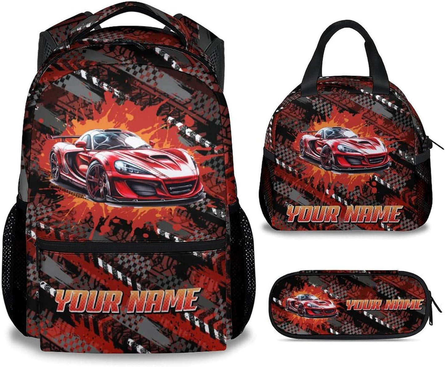 Mercuryelf Kids Bookbag with Lunch Bag and Pencil - 3 in 1 Custom Racing Car Backpack Set for Boys - 17 Inch School Backpack for Primary Middle