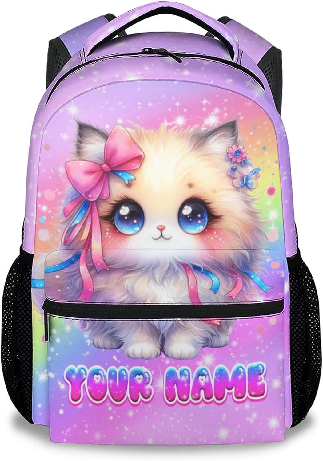 School Backpack for Girls, Personalized Cat Backpack for Kids, 17" Cute Rainbow Bookbag for