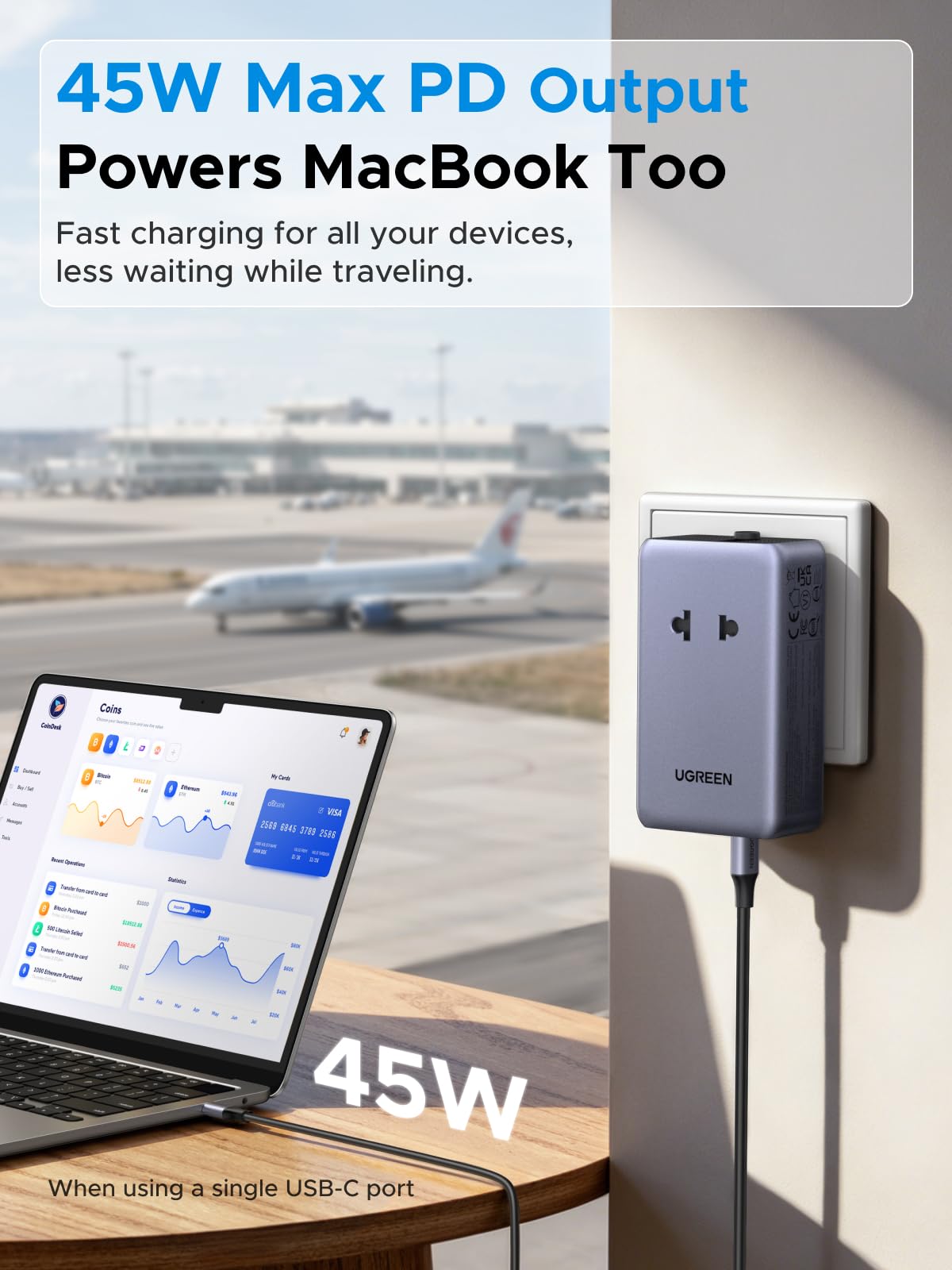 UGREEN 45W 6-Port Universal Travel Plug Adapter Worldwide