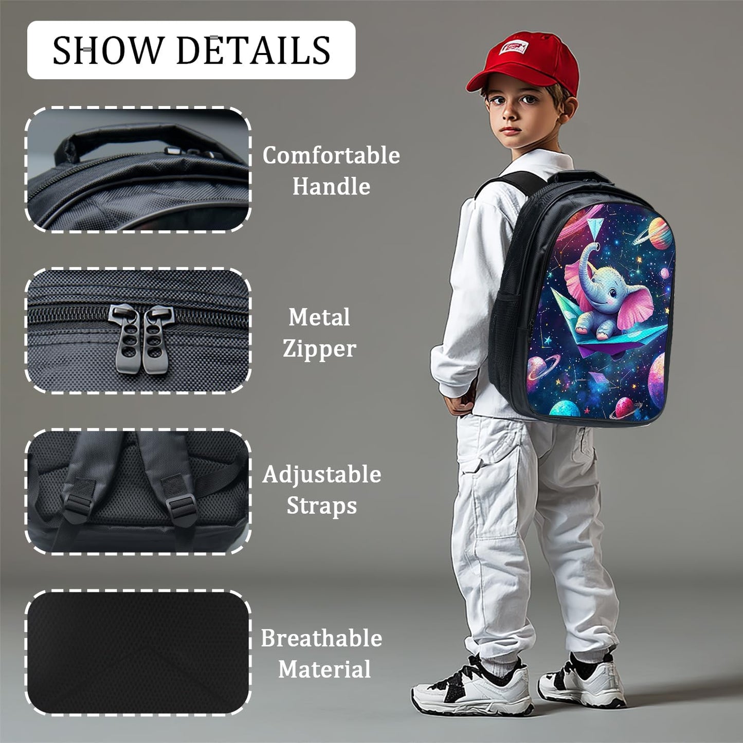 Funny Elephant Backpack Space Galaxy School Bag 3PCS Backpack 16 Inch with Lunch Bag Set Lightweight for Teen Boys Girls Kids Elementary Middle School