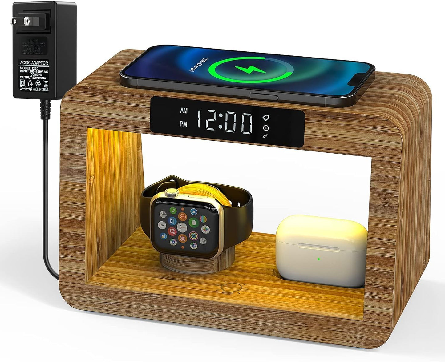 Wireless Charging Station with Clock, Desk Lamp 15W Fast Wireless Charger Night Light with 3 Color, Bamboo Wireless Charging Station Dock for iPhone/AirPod/iWatch, Gifts for Women Men