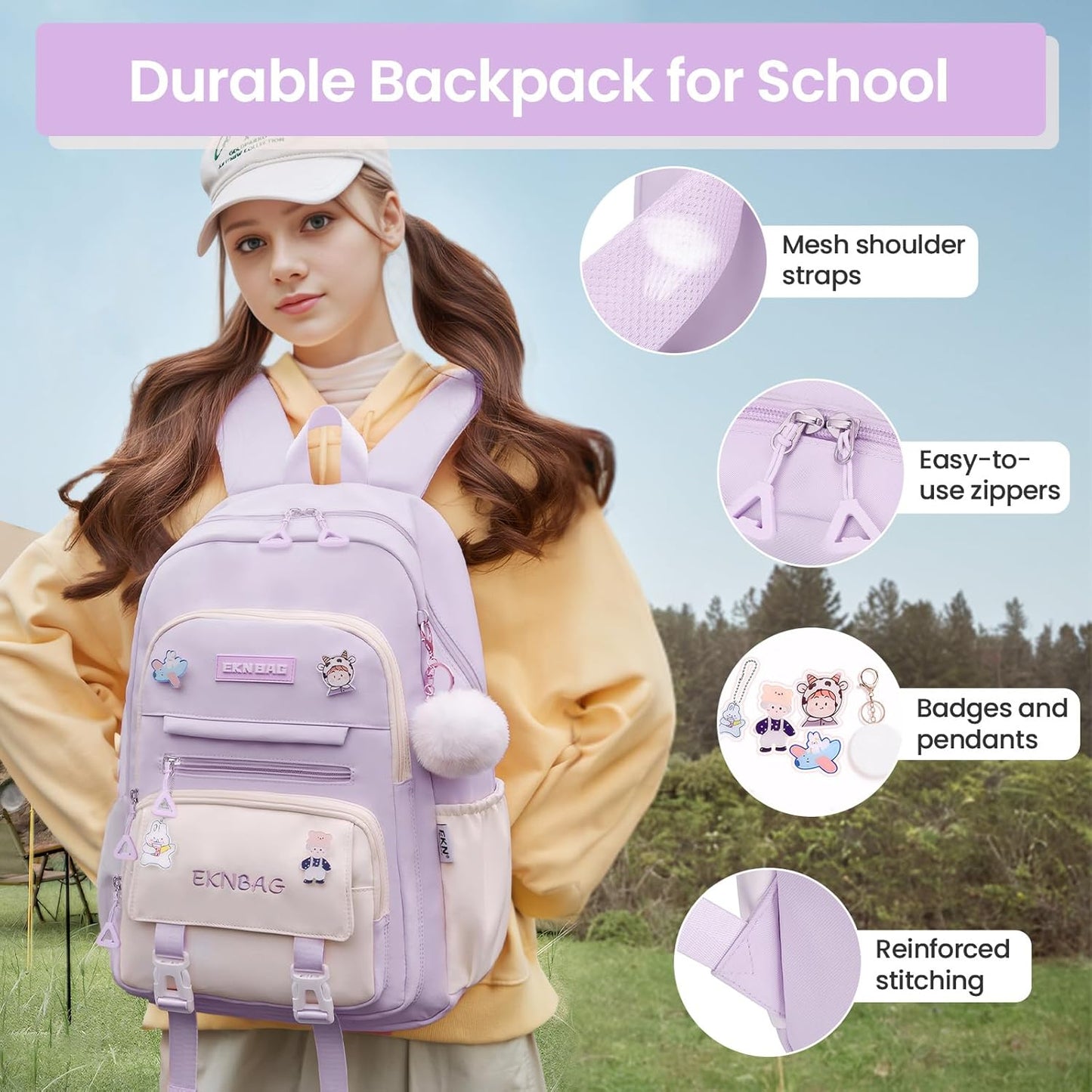 Tanou School Backpacks for Girls, Kawaii Kids School Bag with Pendant, Elementary Primary Middle School Lightweight 20L, Purple