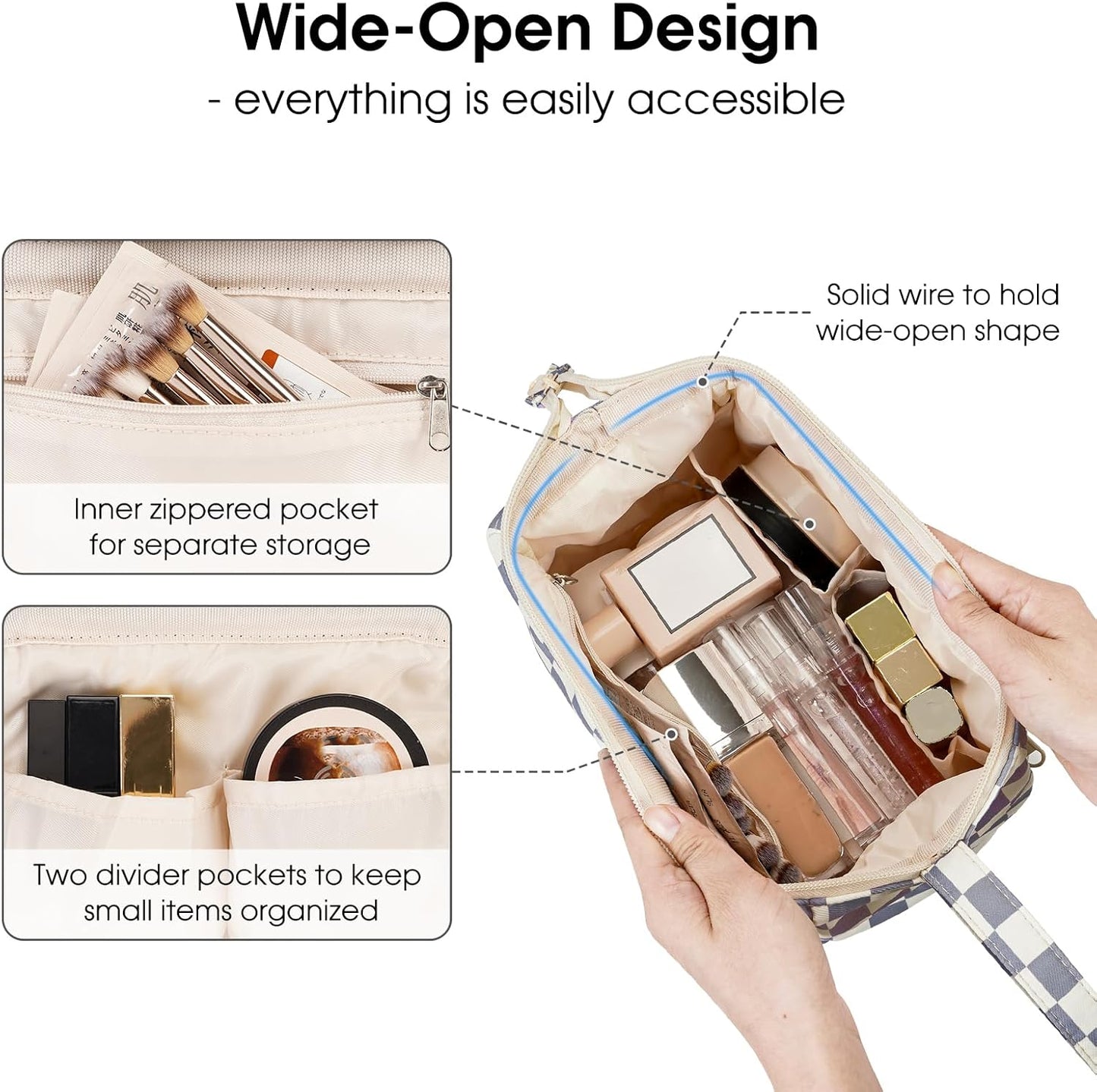 Narwey Checkered Makeup Bag Women Wide-open Make up Bag Travel Cosmetic Bag Organizer Toiletry Bag for Cosmetics Toiletries Accessories (Greyish Blue Checkerboard)