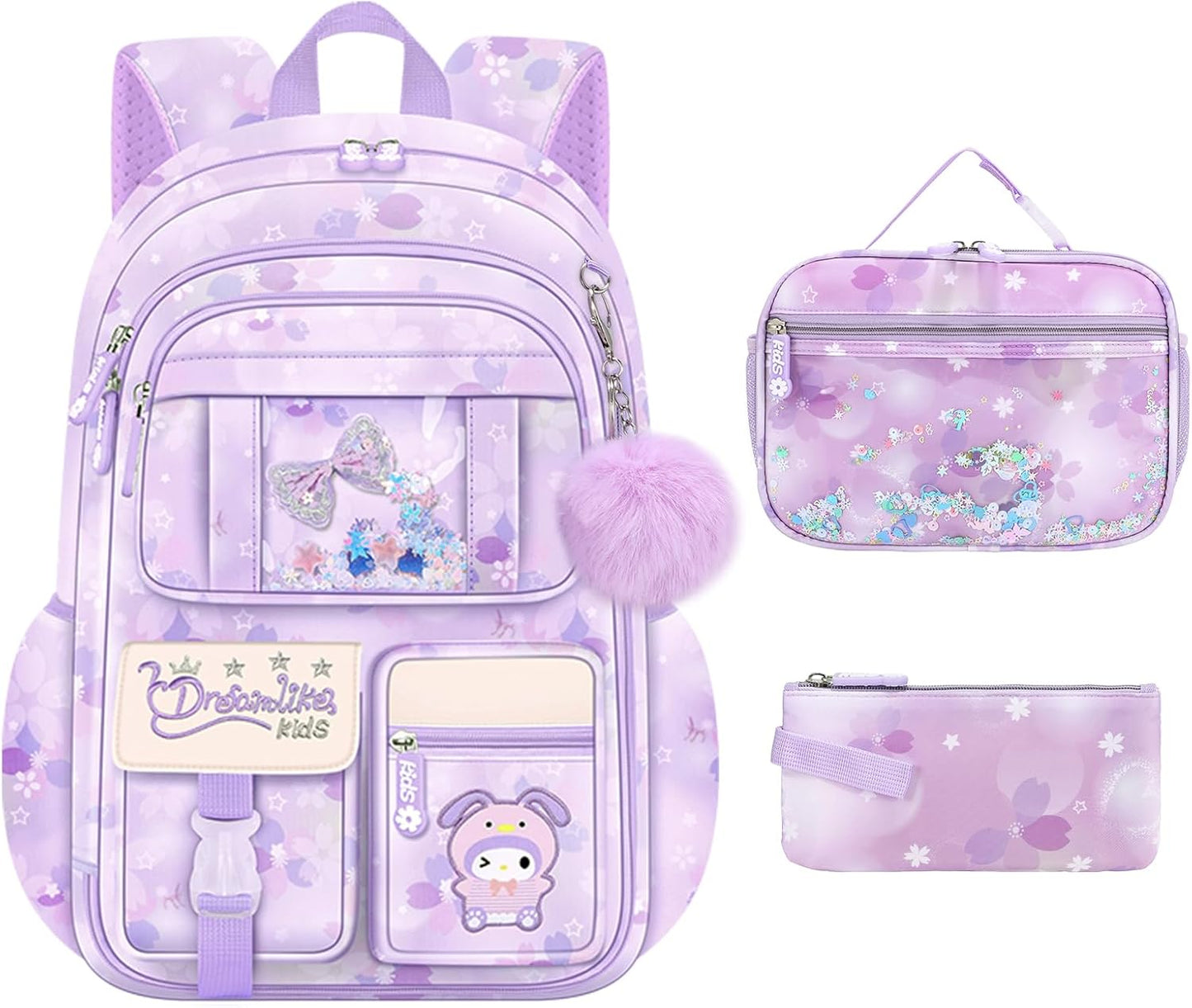Backpack for Girls 3pcs Set, Kids Backpack for Girls with Lunch Box Pencil Case Set for Teens Elementary Middle School Bags (Purple-3 Piece Set-1)