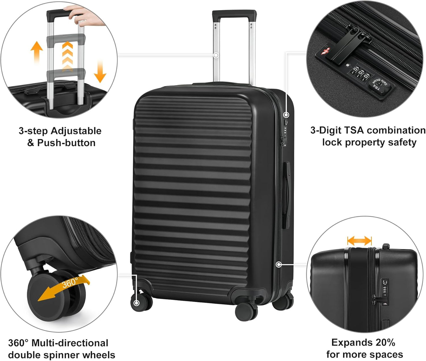 Itslife Luggage Sets 4 Piece Luggage Suitcases with Wheels, ABS shell with TSA Lock Spinner Wheels Carry On Luggage Set (20/24/28 inch, Black)
